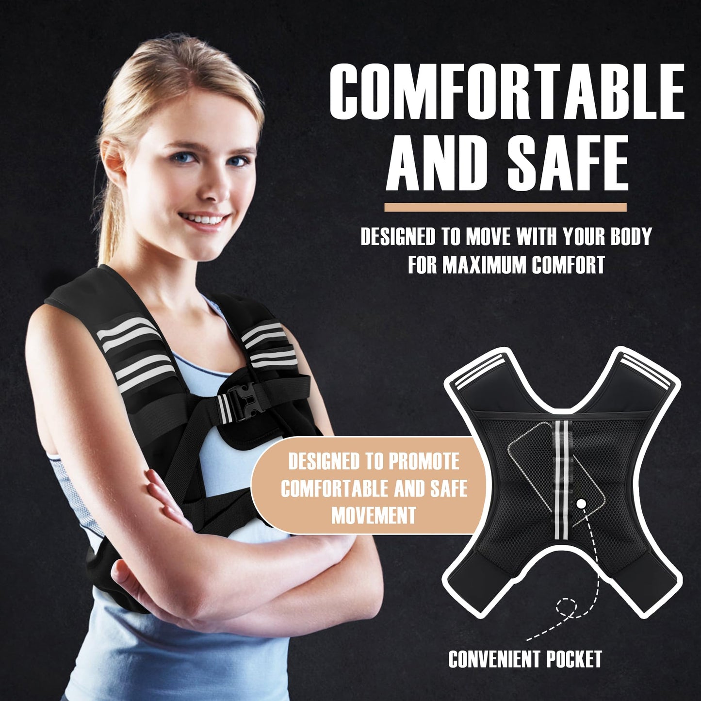 NATURELUX Weighted Vest with Reflective Stripe and Adjustable Buckle Straps, Black, 25 lbs
