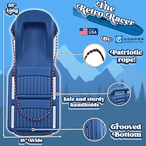 The Original Retro Racer Snow Sled by Confer Plastics, Cool Blue Color, Durable Design for All Ages, Made in USA, Available as a Single Sled for Quick Rides