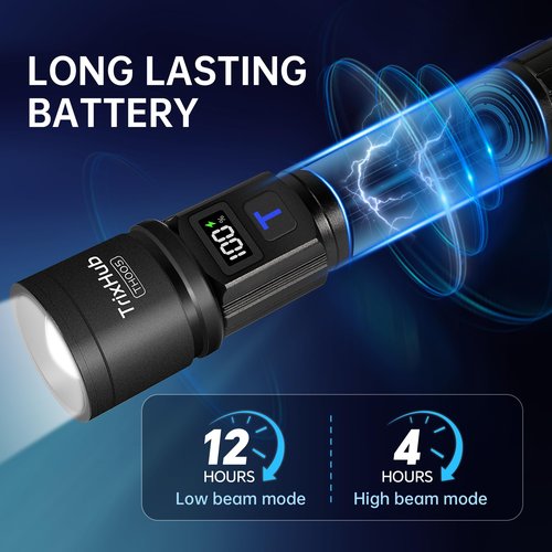 TrixHub Rechargeable Flashlights High Lumens, Super Bright Flash Light, 5 Modes Zoomable Linternas with LCD Digital Display, Powerful Handheld LED Flashlights for Emergencies Camping