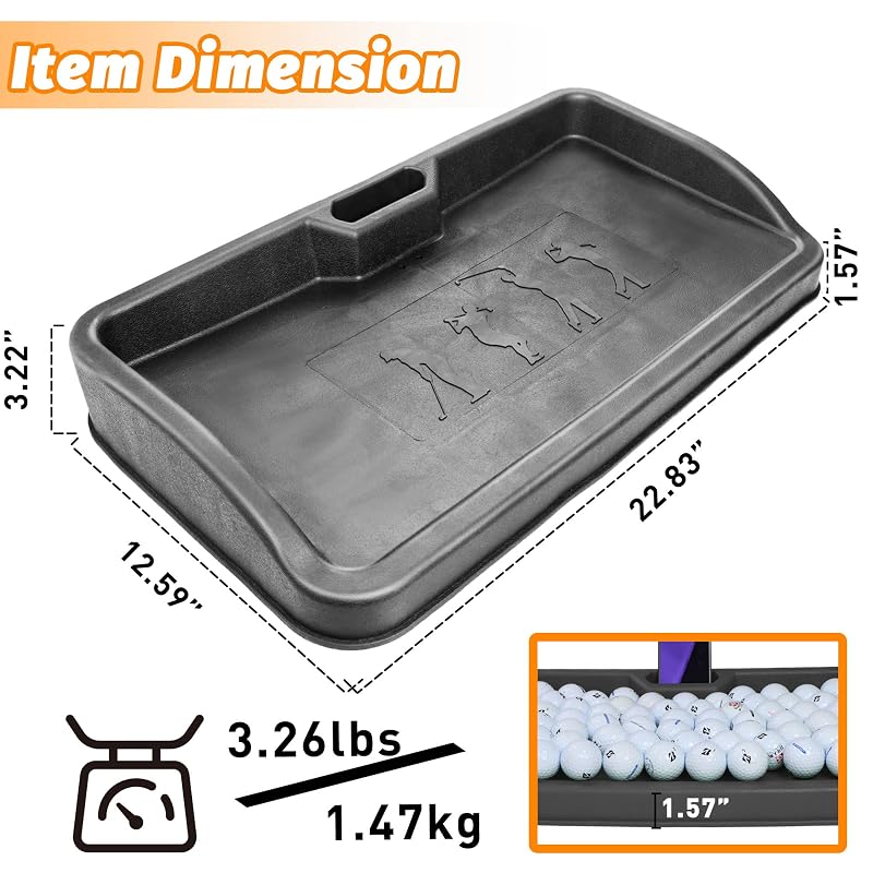 Heavy Duty Golf Ball Tray with Cell Phone Holder, 100 Ball Capacity, Black - Compatible with All Hitting Mats