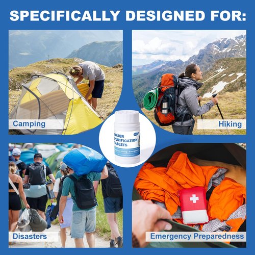 Water Tablets Purification for Drinking (100 Count) - Water Filtration System Survival for Camping, Boating, Hiking, Backpacking, Emergencies - Portable Water Treatment for Safe Drinking Anywhere