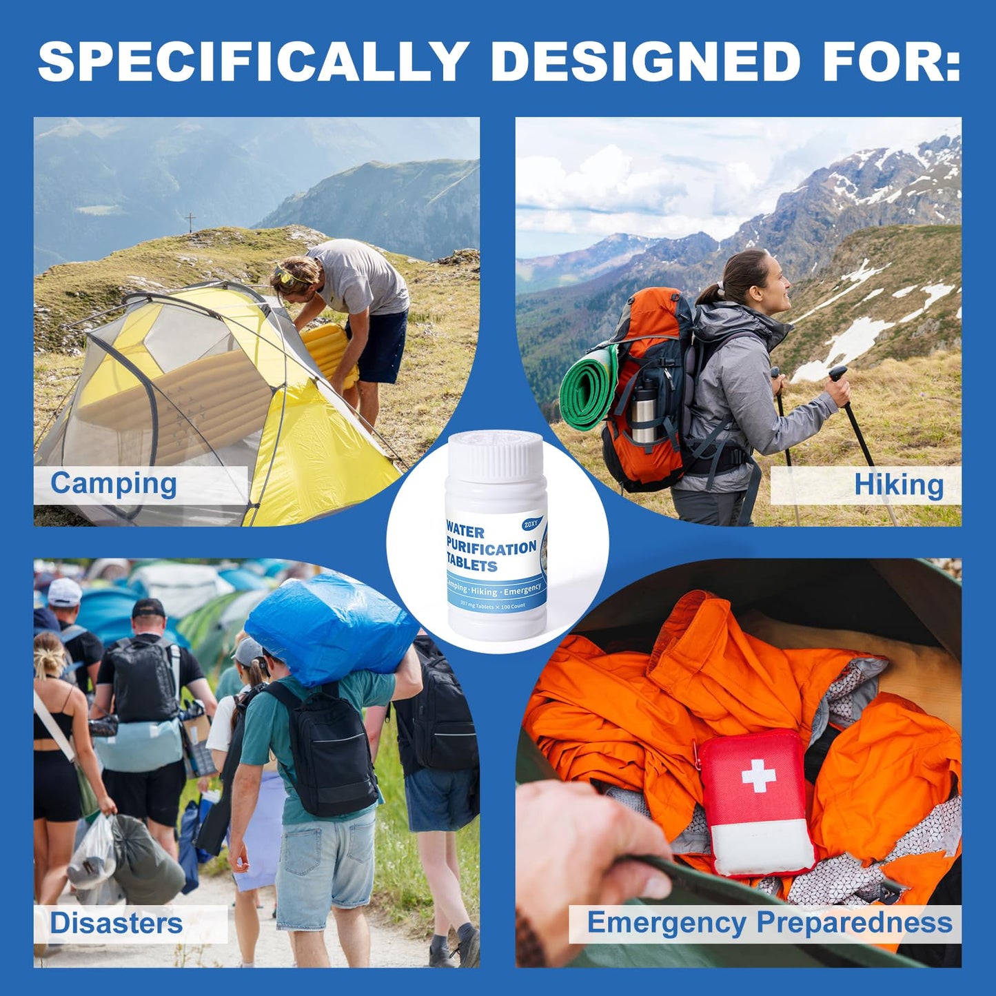 Water Tablets Purification for Drinking (100 Count) - Water Filtration System Survival for Camping, Boating, Hiking, Backpacking, Emergencies - Portable Water Treatment for Safe Drinking Anywhere