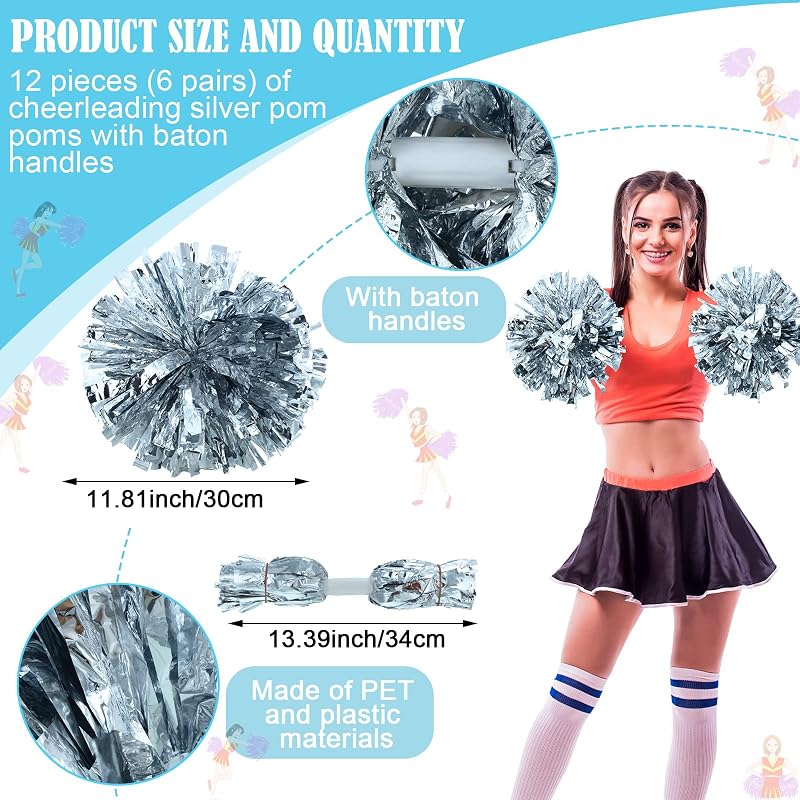 WILLBOND 12 Pcs Cheerleading Pom Poms with Baton Handle - Silver (Variation: Silver+12)