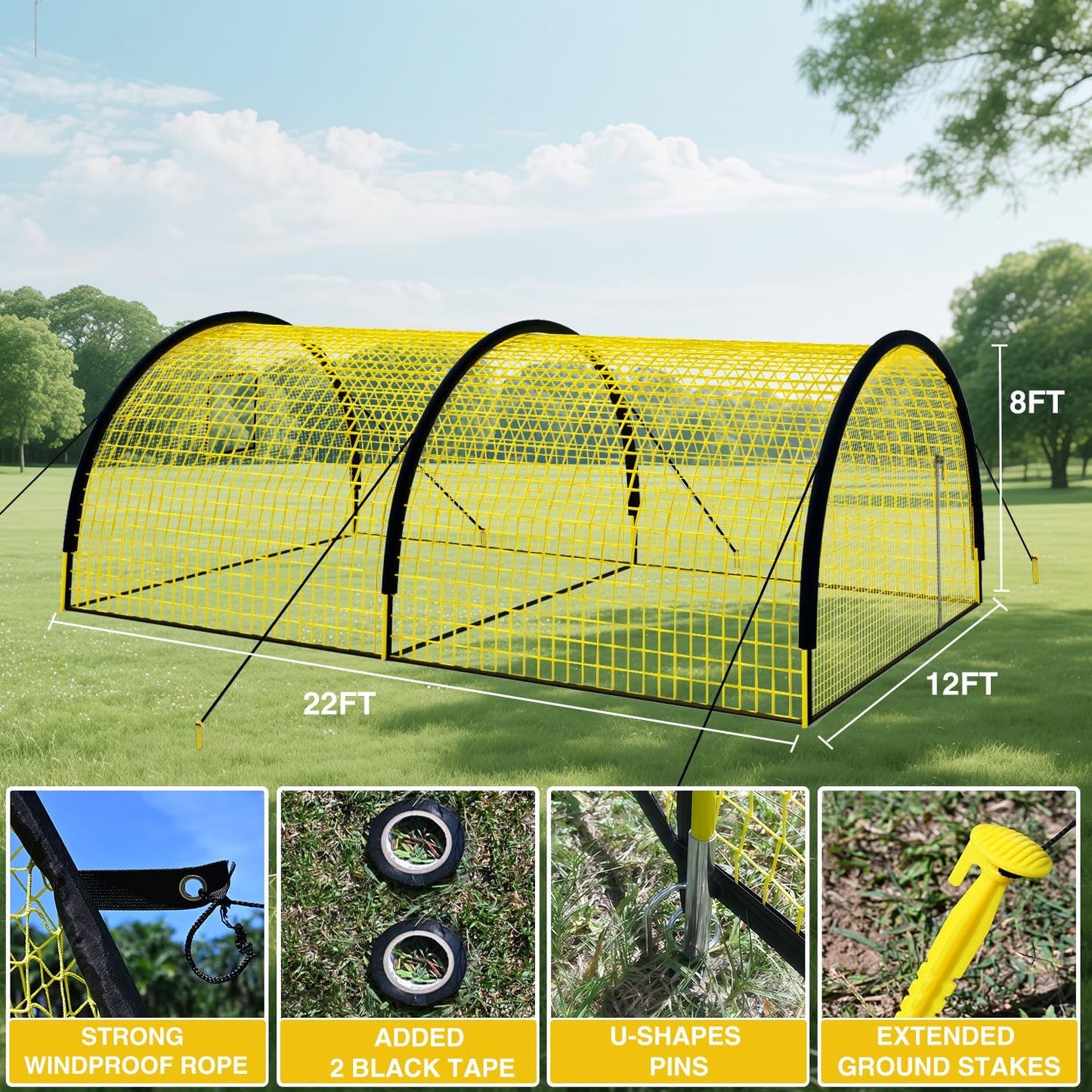 22ft x 12ft x 8ft Baseball Batting Cage Net with Pitching Machine Hole, Portable Batting Cages for Backyard, 4ply Yellow Netting, Zippered Backing Door