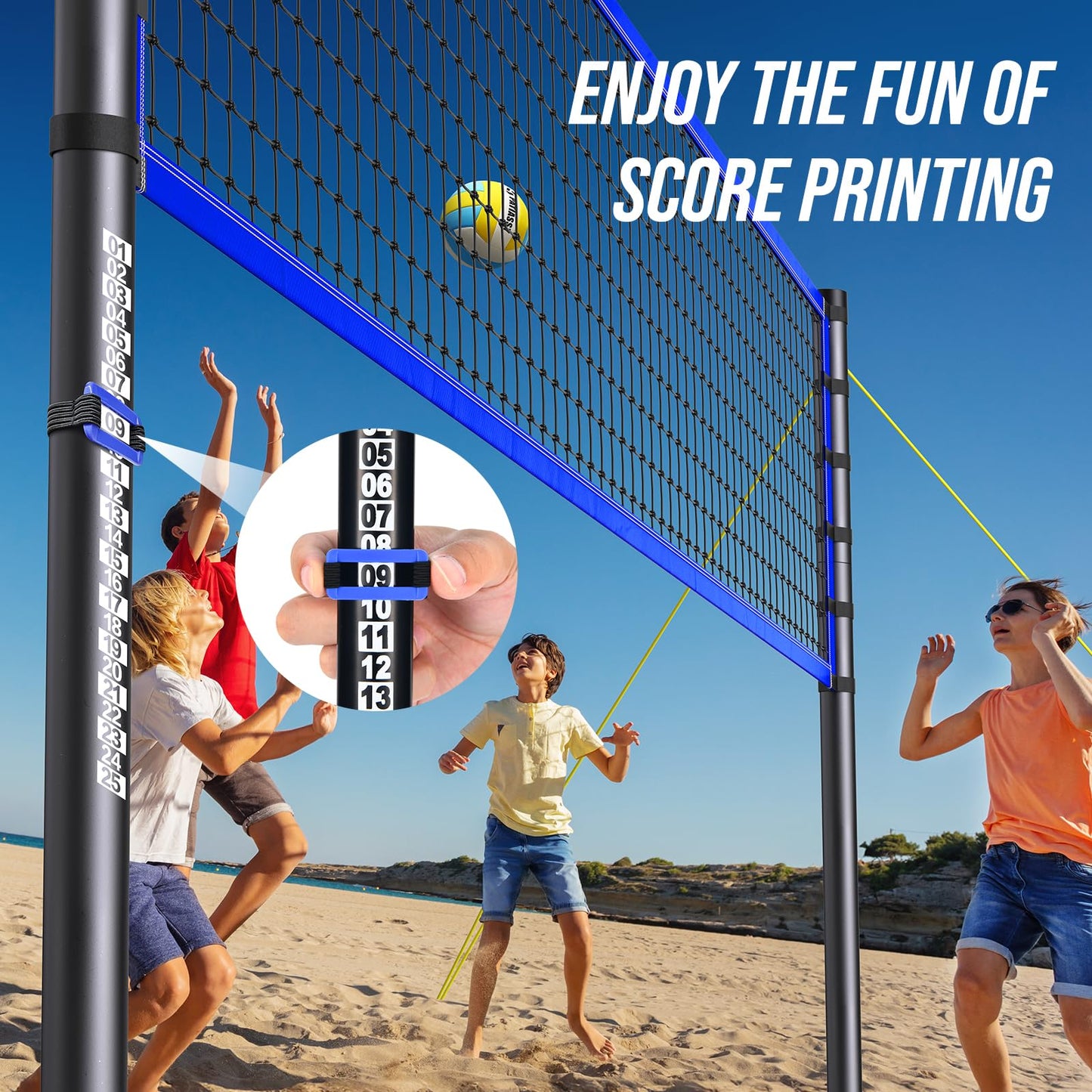 Outdoor Volleyball Net Set for Backyard & Beach, 32FT Regulation Size, Easy Setup Adjustable Height Poles, Portable Net System with PU Volleyball, Pump & Carry Bag