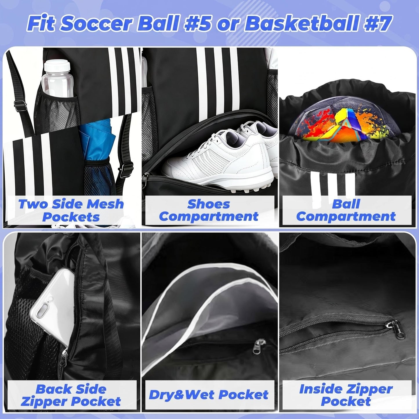Champhox Soccer Bag, Youth Soccer Basketball Bag with Compartments Drawstring Backpack for Football Volleyball Gym Training (Black)