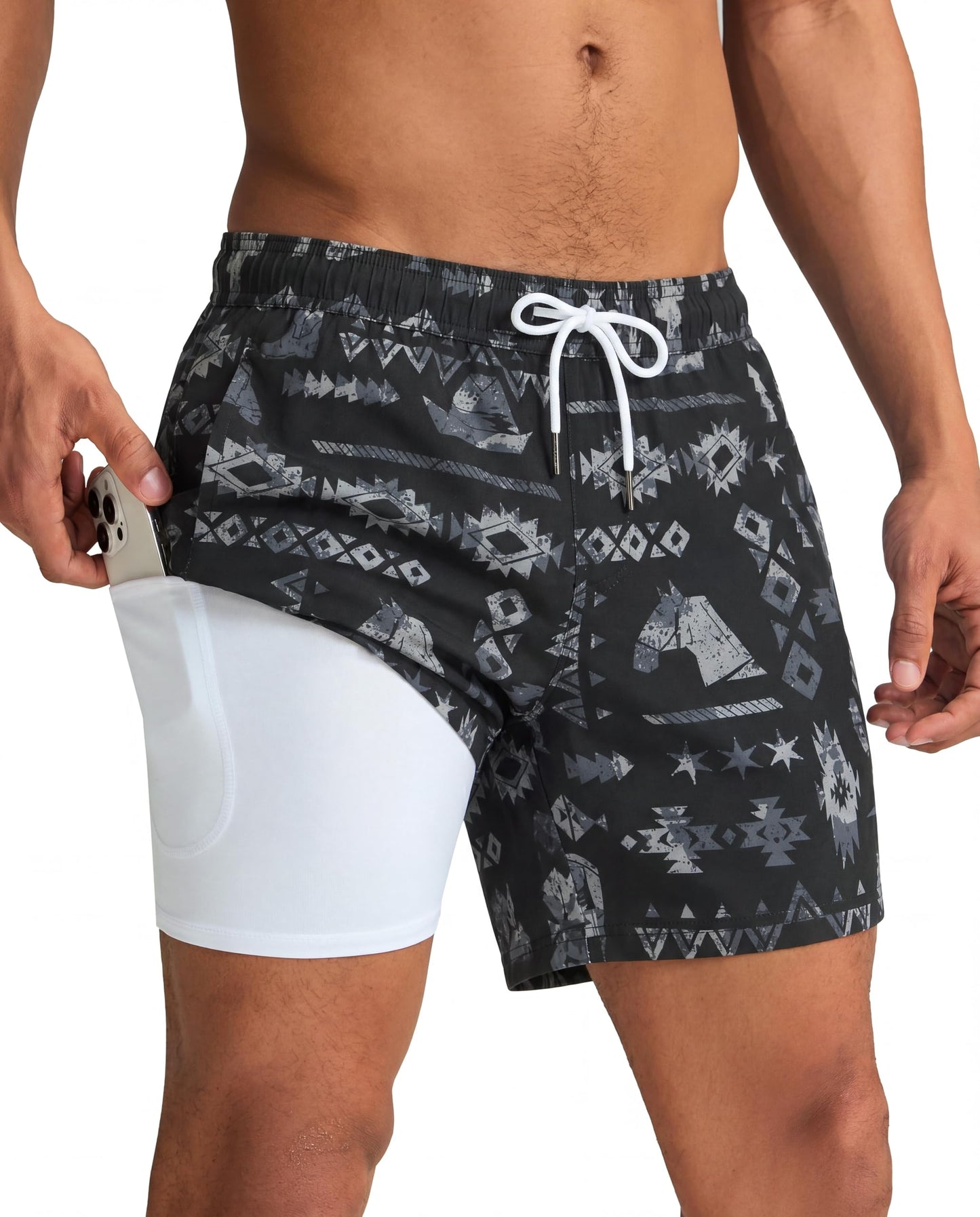 maamgic Mens Swim Trunks with Compression Liner 5 Inch, Quick Dry Bathing Suit with Zipper Pockets, Stretch No-Chafing Swim Shorts, Dark West XX-Large