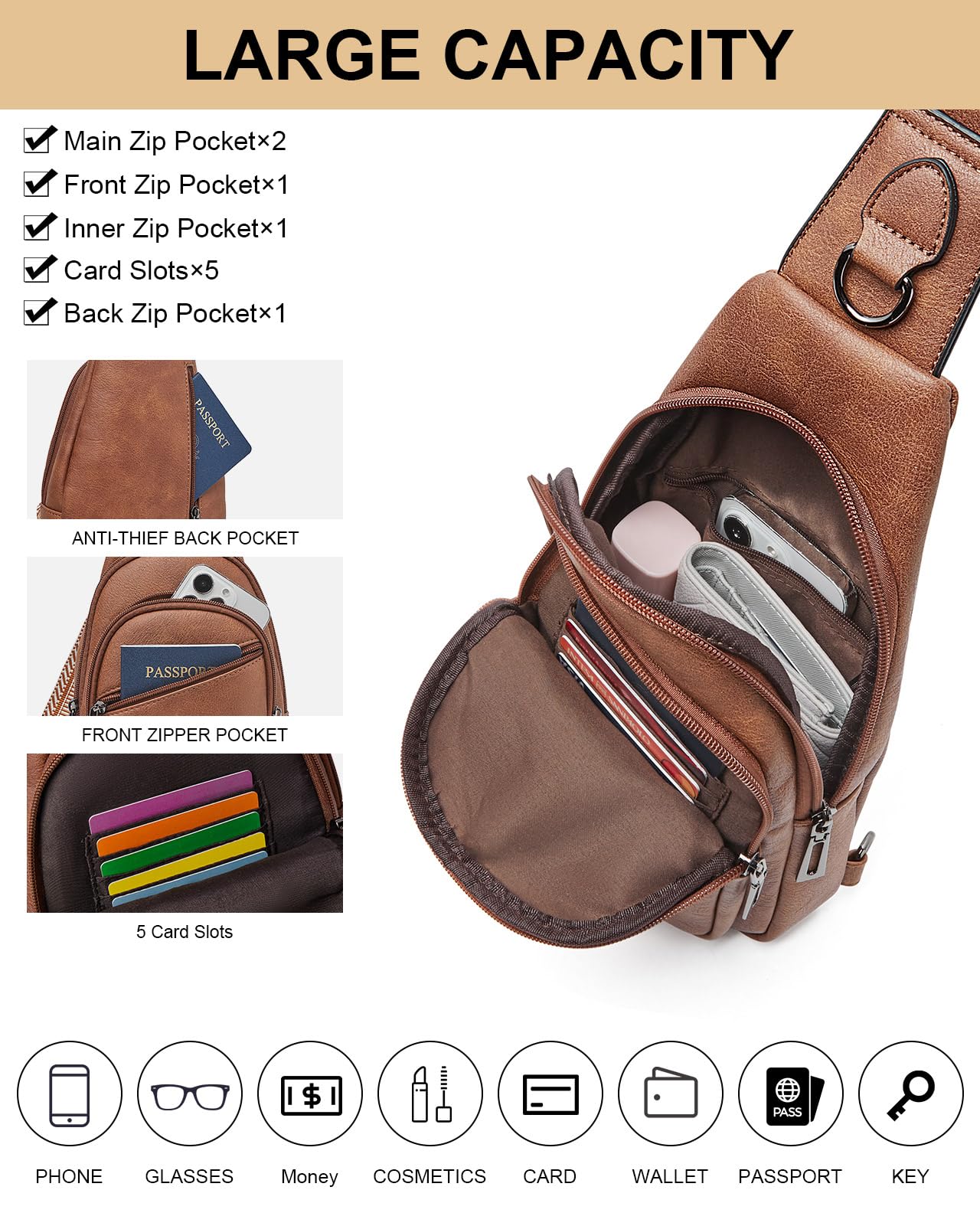 TFKGS Sling Bag Crossbody Bags for Women Fanny Packs Cross Body Bag for Woman Travel Sling Backpack Leather Anti Theft Crossbody Purses Handbags Brown