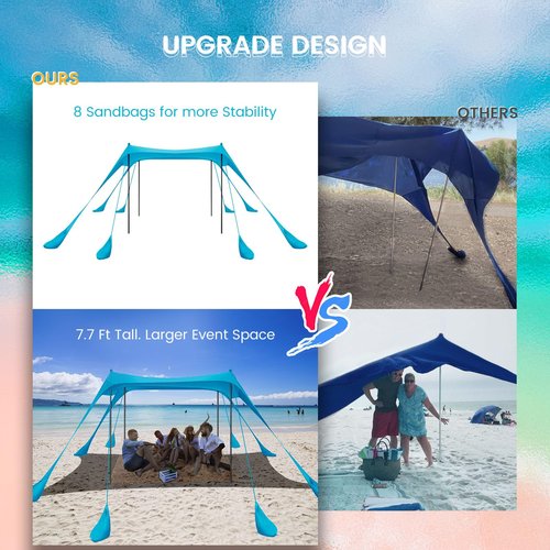 Beach Tent Sun Shelter 10x10FT Beach Shade Canopy with 8 Sandbags, UPF 50+ Protection Beach Shade Canopy, Outdoor Tent for Beach