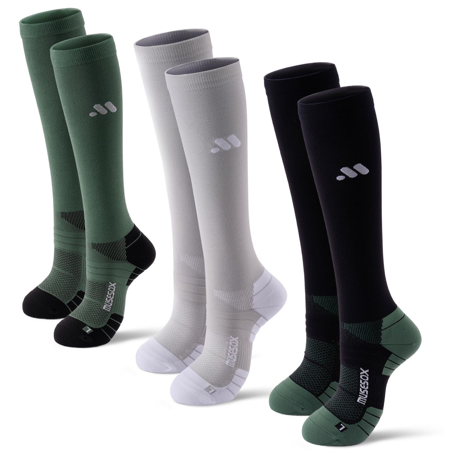 musesox Compression Socks for Women and Men,Knee High 15-20mmHg Graduated Support(3 Pairs) for Nurses,Travel,Black Gray Green,Large
