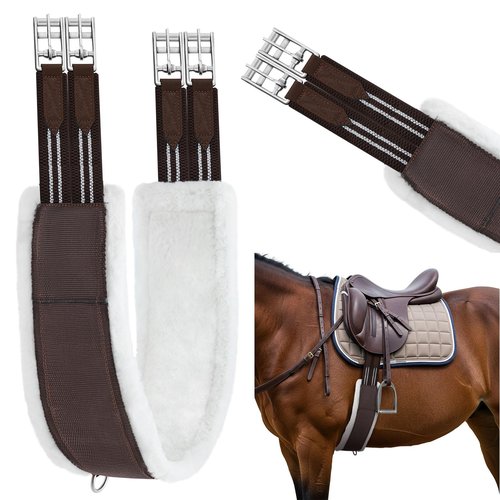 Yeyeplum Brown English Girth for Horses Sizes 44-52 Inch Fleece Padded Dressage Horse Girth for English Saddle, Double Elastic and Stainless Steel Buckles, Horse Competitions Riding(46 Inch)