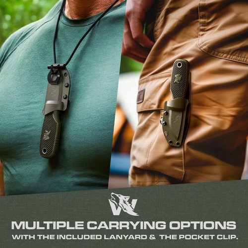 ODENWOLF W-MINI - EDC Neck Knife with Sheath and Necklace - Small EDC Fixed Blade Knife Necklace and Belt Clip - Pocket Fixed Blade Knives - Full Tang Neck Knife with Sheath Tactical and Fire Starter