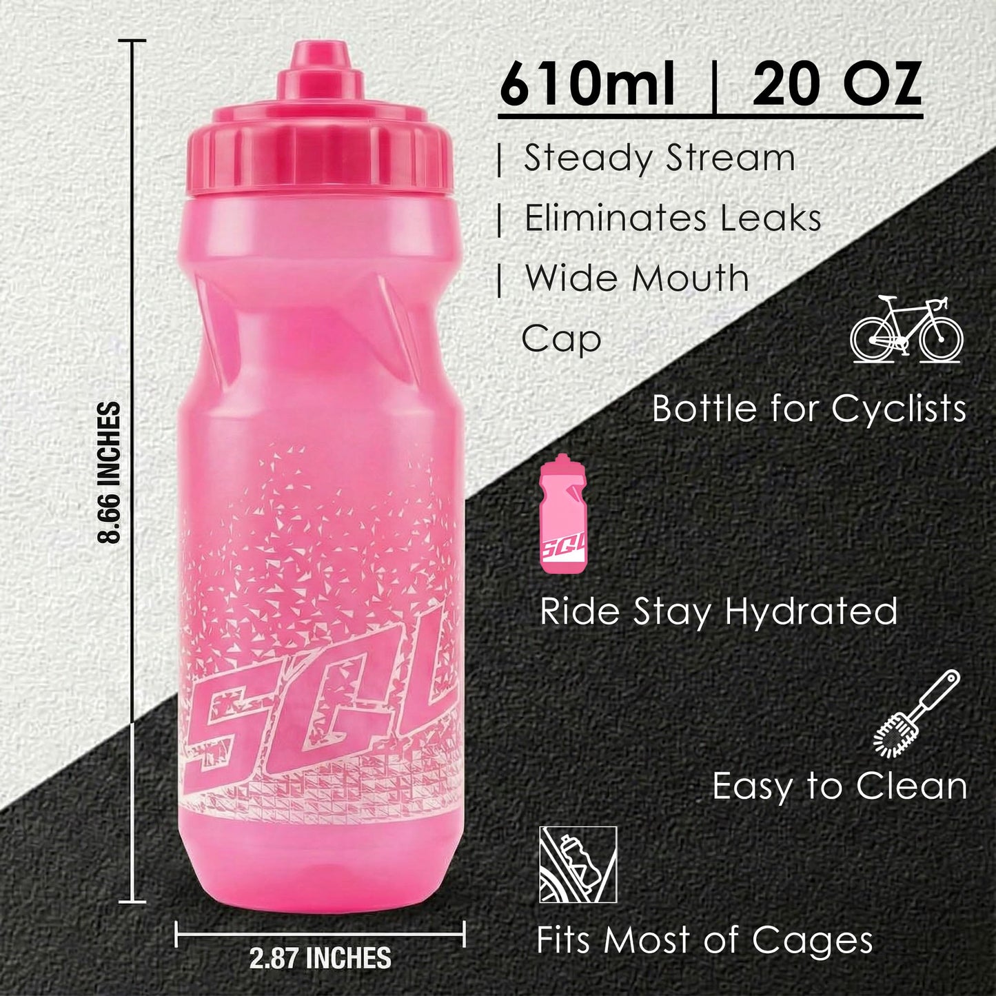 SQUALO Cycling Water Bottle 20oz / 610ml – Ultra-Lightweight 56g Squeeze Bike Bottle with Self-Sealing High Flow Nozzle – Leak-Proof, BPA-Free, Ergonomic Fit for Road & Mountain Biking (Pink)