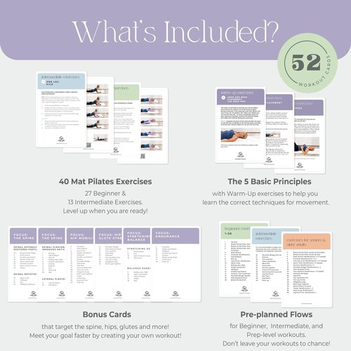 Pilates workout cards - for women's fitness - Detailed photos and video Instructions by Stott Pilates Certified instructor - 52 mat exercise cards to do Pilates at home with no equipment needed.
