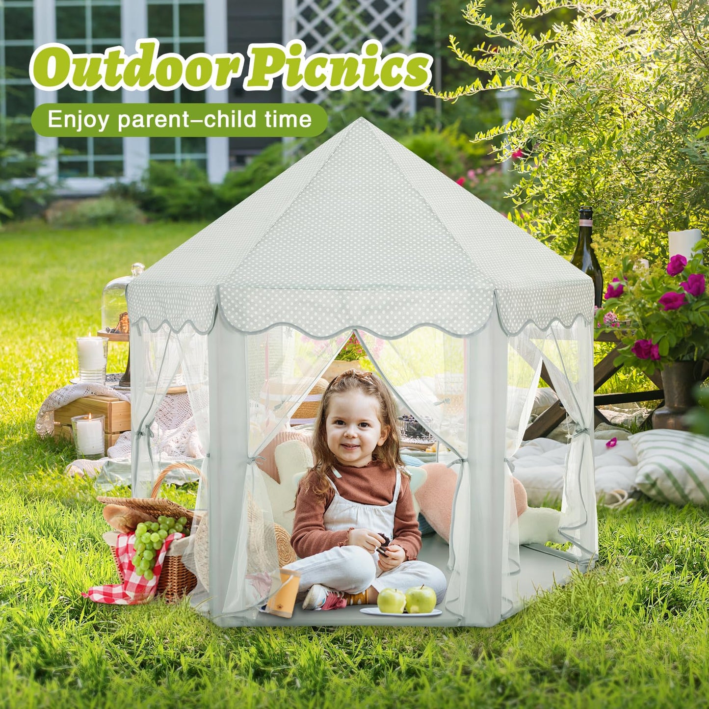 Monobeach Princess Tent Girls Celadon Large Playhouse Kids Castle Play Tent with Star Lights Gift Toy for Children Indoor and Outdoor Games, 55'' x 53'' (DxH)