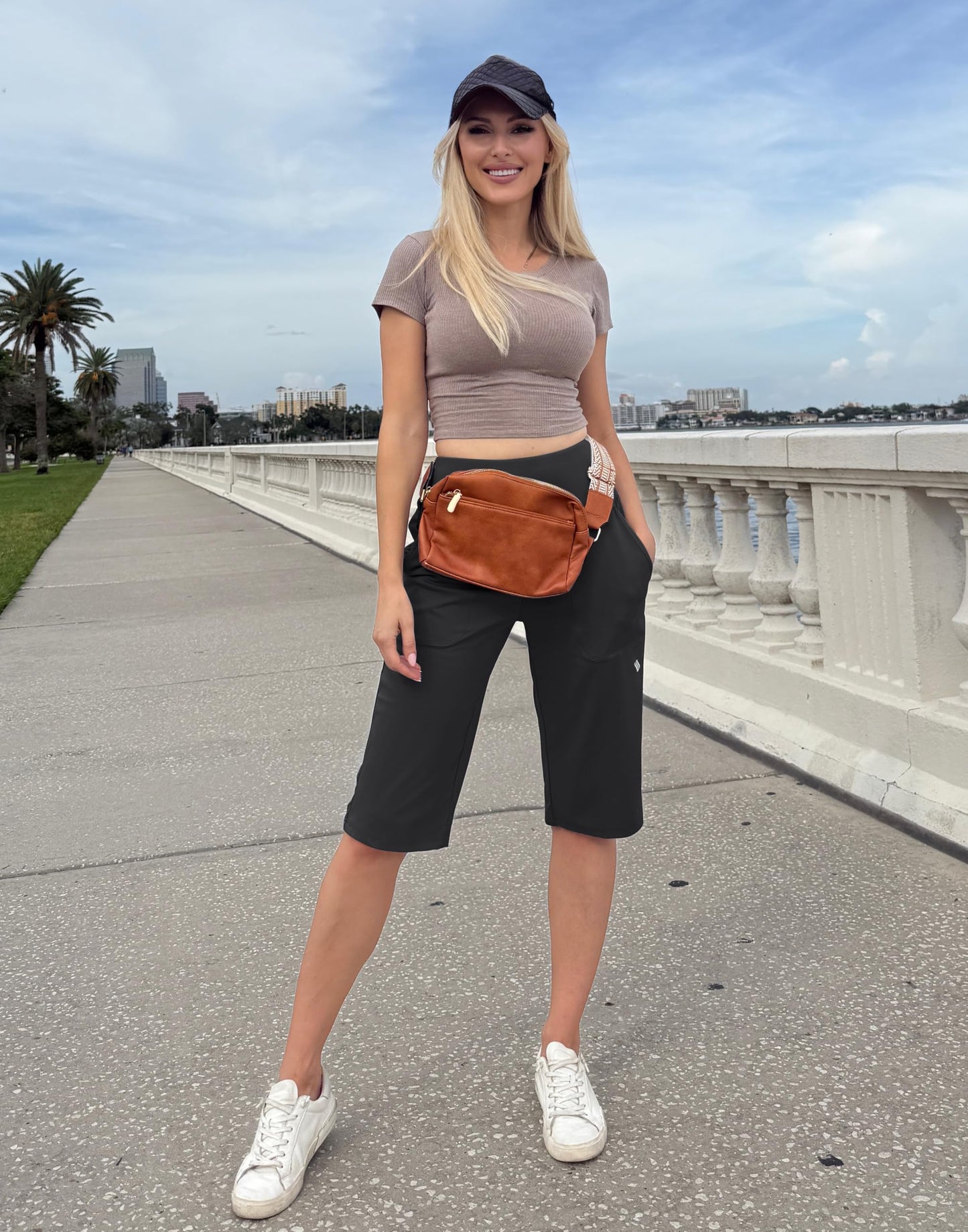 SANTINY 14" Shorts for Women Knee Length with Pockets High Waisted Stretch Long Bermuda Shorts for Summer Dressy Casual (Black L)
