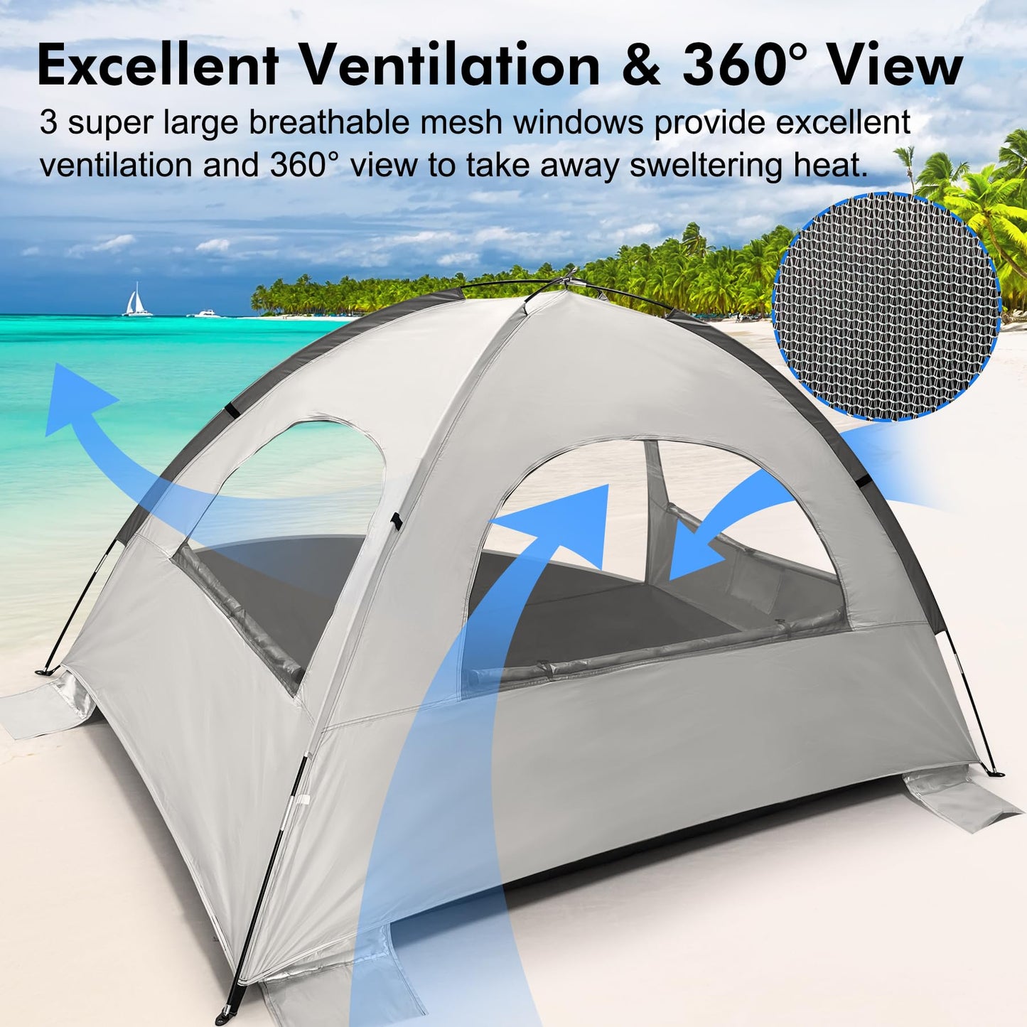 WhiteFang Beach Tent Anti-UV Portable Sun Shade Shelter for 8 Person, Extendable Floor with 3 Ventilating Mesh Windows Plus Carrying Bag, Stakes and Guy Lines (Baby's Breath)