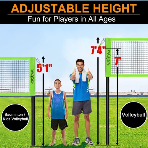 Zdgao Four Way Volleyball Net 14ft x 14ft Height Adjustable 4 Square Volleyball Badminton Outdoor Set for Backyard Lawn Beach Game Play | Come with Soft Volleyball, Hammer and Carry Bag