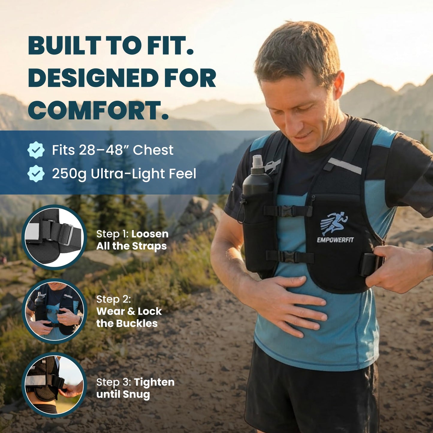 EMPOWERFIT Running Hydration Vest with 500ml Soft Bottle – Lightweight Running Pack for Men & Women, Breathable Mesh, Reflective, 6 Pockets
