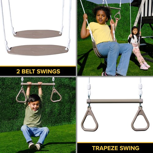 Sportspower Roswell Wooden Swing Set: Play Fort, Bench with Table, Sandbox, Trapeze, and 8' Slide - Black, Green and White