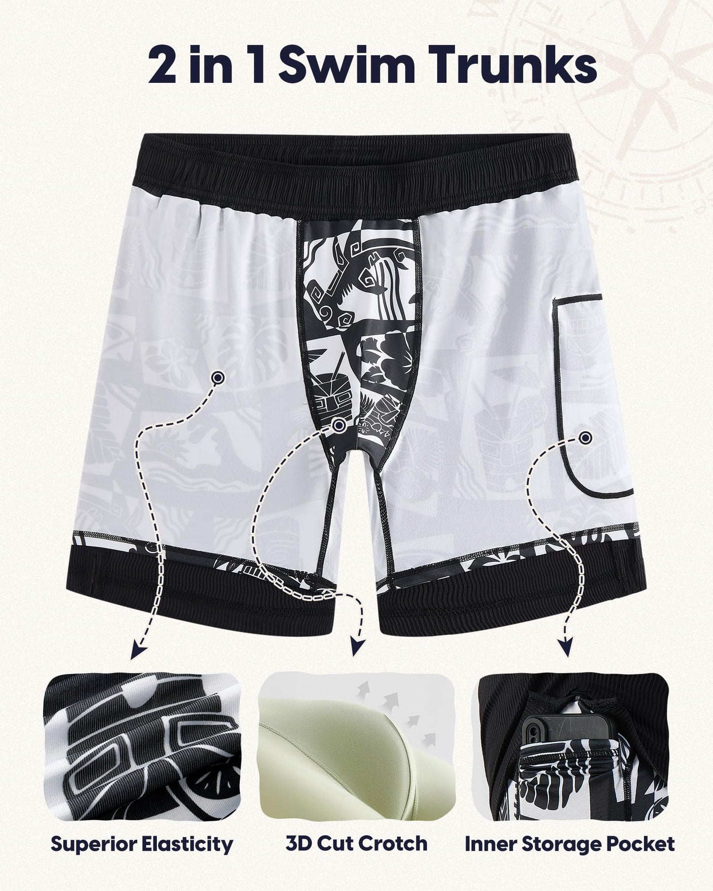 maamgic 7 Inch Wavy Texture Mens Swim Trunks - Mens Bathing Suit with Compression Liner Quick Dry Zipper Pockets Swimwear Black-White