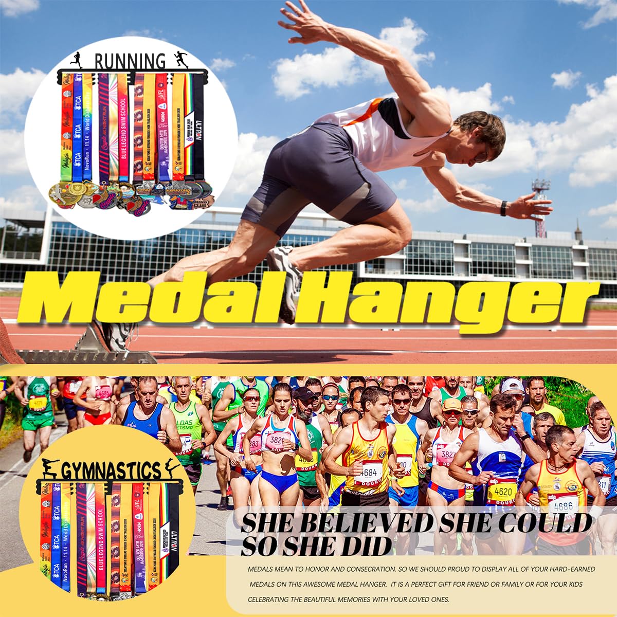 Custom Medal Hanger Display Rack - Personalized Metal Sports Awards Organizer with Name for Wall 60+ Race Plaques Display for Athlete Kids Gymnastic,Run,Soccer,Baseball,Football,Hockey,Basketball
