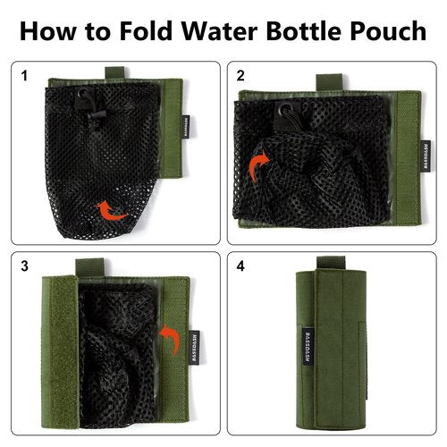 BASSDASH Tactical Molle Water Bottle Pouch with Carabiner Foldable Mesh Holder Bag for Travel Fishing Hunting Hiking Outdoor Activities