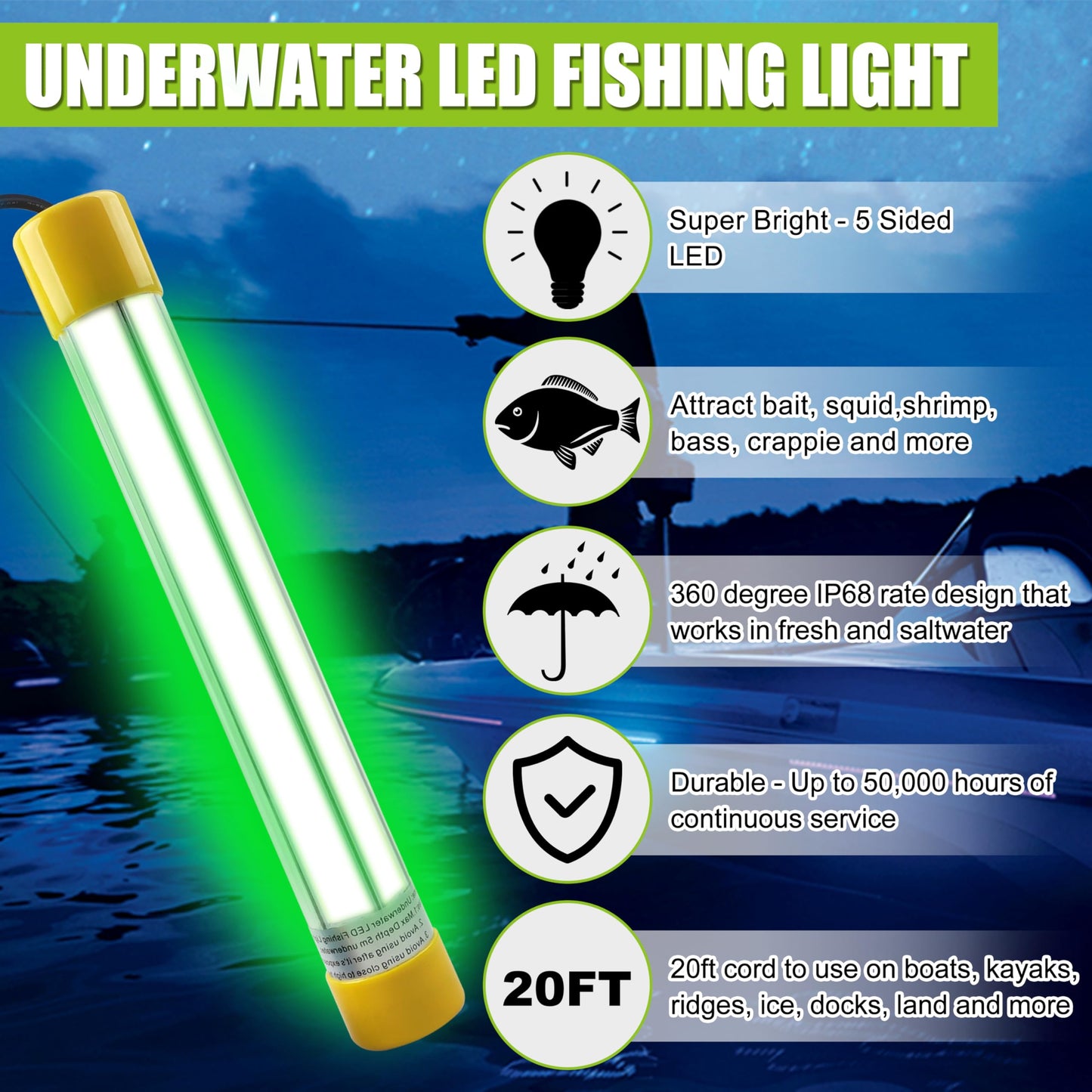 JOGFFDE Underwater Fishing Light 30000 Lumens 50W 12V 16.5ft Wire Green Night Fishing Finder Attractor LED Submersible Light Deep Drop Fish Bait Finder for Docks, Boats,Kayaks