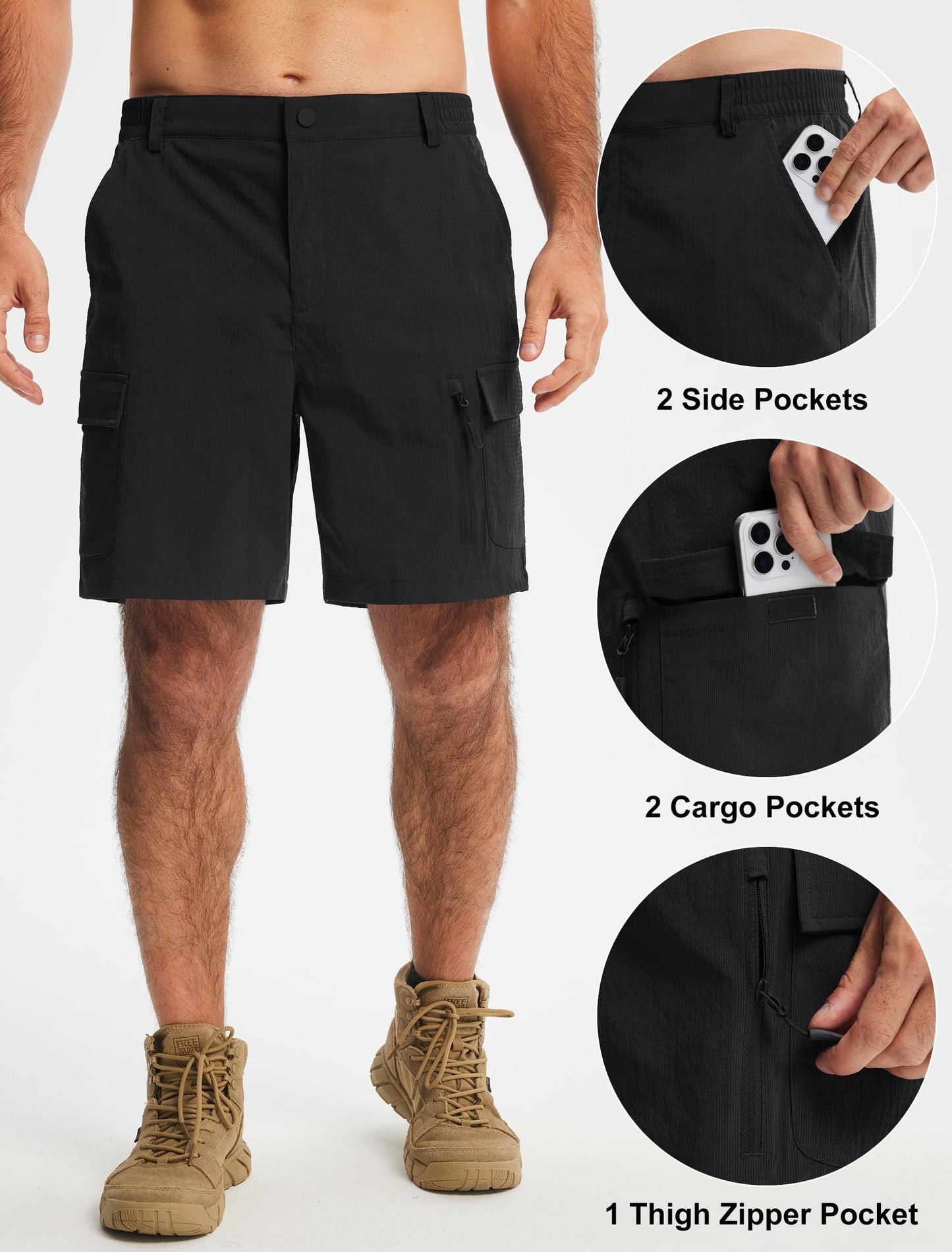 Libin Men's Hiking Cargo Shorts with Zipper Pockets, Black, Size 34