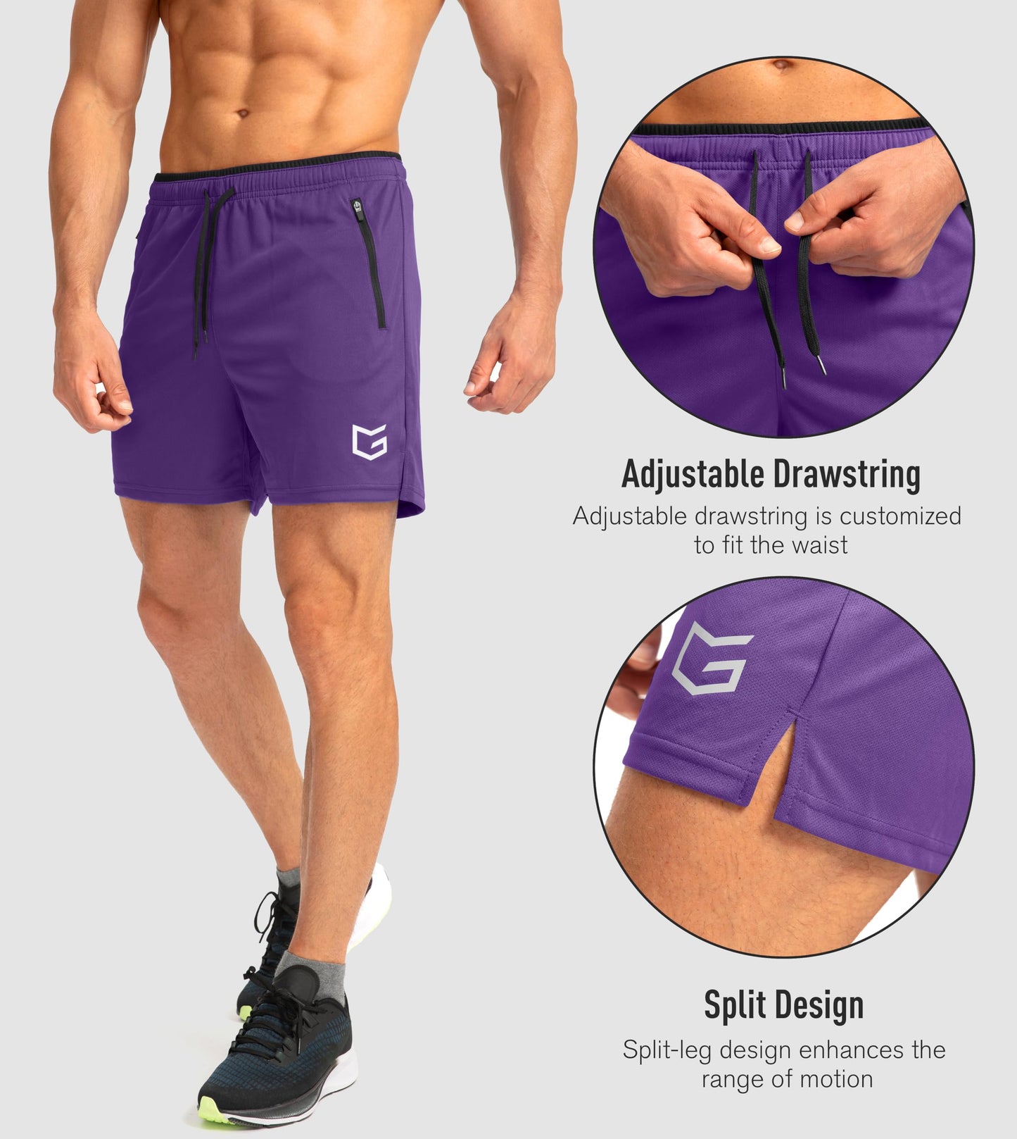 Men's Gym Workout Shorts Zipper Pockets 5" Quick Dry Breathable Runing Athletic Short for Men (Purple, Small)