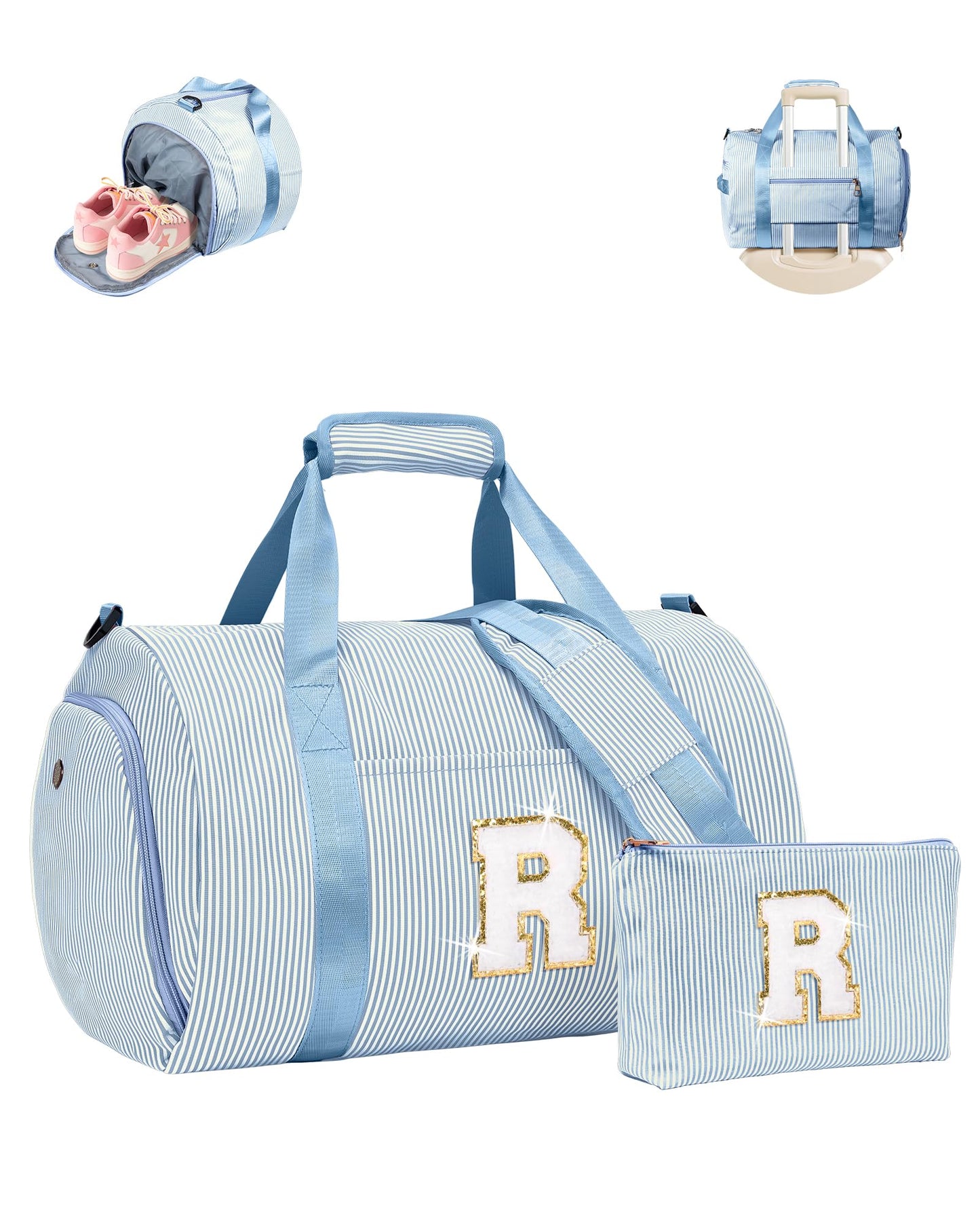 Vogewood Birthday Gift for Daughter, Girls Travel Duffle Bag, Kids Initial Overnight Bags with Shoe Compartment, Customized Weekender Bag with Makeup Pouch, Trip Essentials (Letter R)