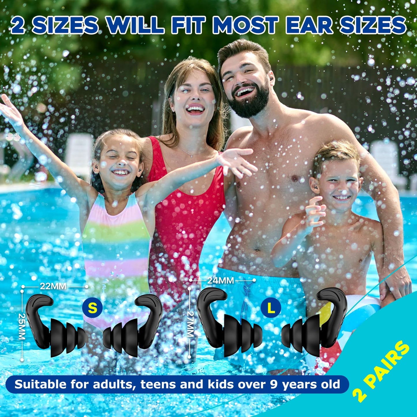 Swimming Ear Plugs, VIGOROAD 2 Pairs Waterproof Ultra Comfy Reusable Silicone Swimming earplugs for Swimmers, Shower, Bathing, Surfing, Pool and Other Water Sports(Adults, Teens & Kids 9+)