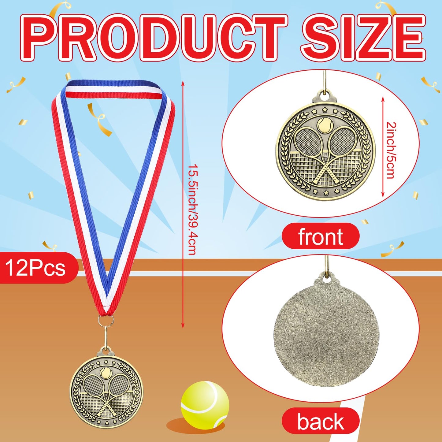 Remuuly 12 Pcs 2'' Gold Award Medals with Neck Ribbons Metal Champion Trophy Medal for Baseball Softball Soccer Volleyball Football Sports Games Events Party Prize Player Team Winner Gift(Tennis)