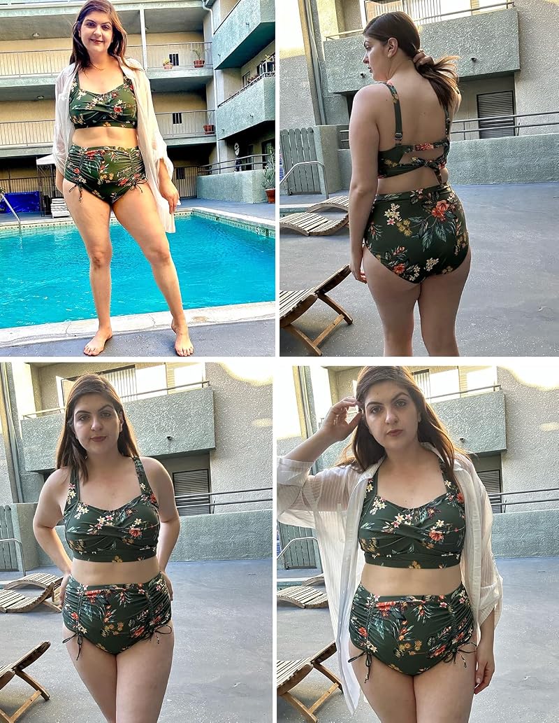 Plus Size Green Floral Two-Piece High Waisted Bikini – Hanna Nikole Variation: Green Flowers+18