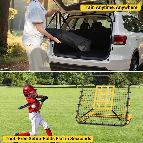 Baseball Rebounder Net 4x4.5FT Pitch Back Baseball Rebounder with Strike Zone & 9-Grid Target Adjustable Pitching Net for Grounders Batting Pitching Fielding Bounce Back Softball Volleyball Soccer Net