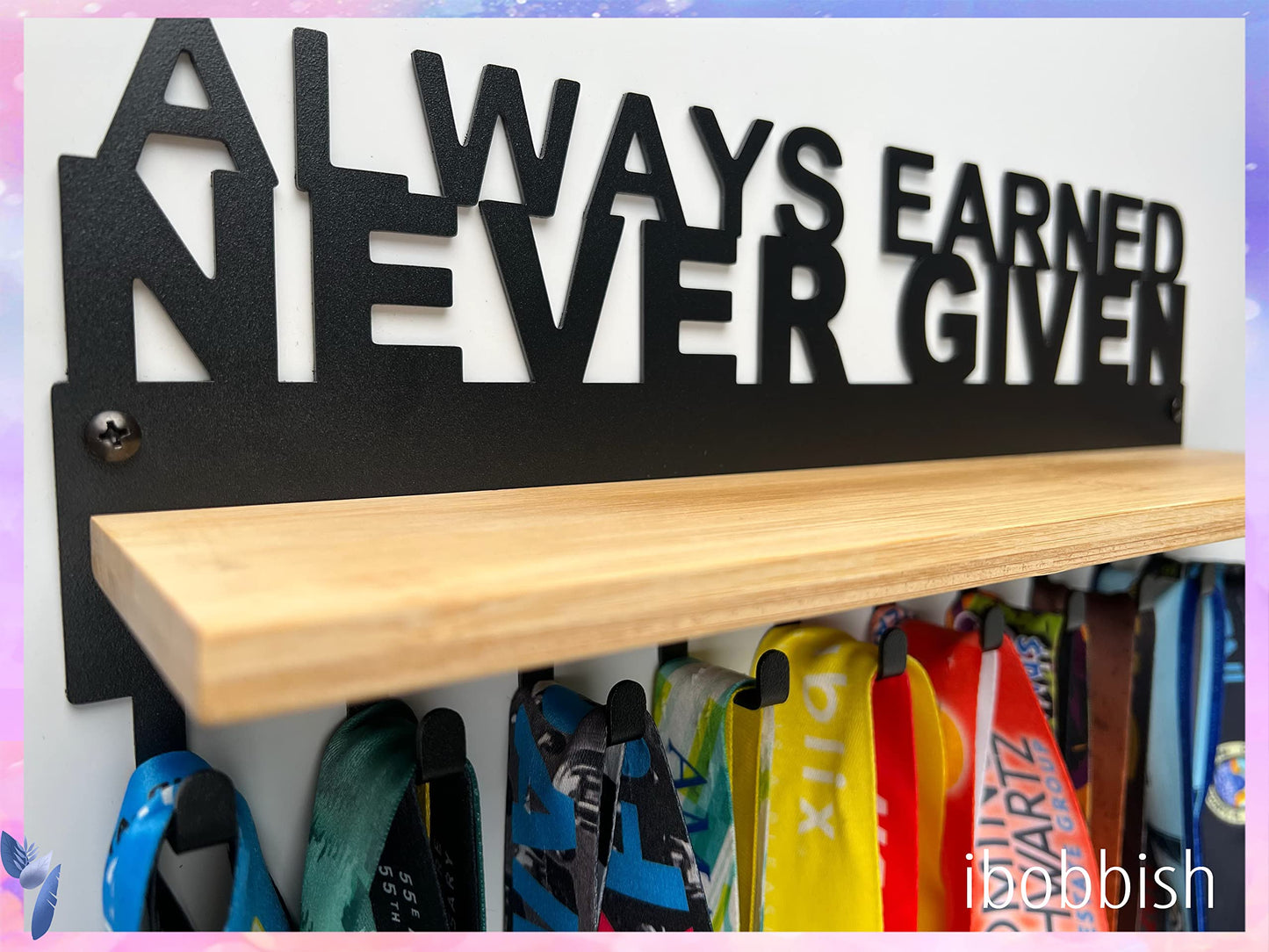 iBobbish Premium Medal Hanger Display Trophy Shelf,ALWAYS EARNED NEVER GIVEN Trophy display shelf Upgraded Medal Display Shelf for Wrest,gymanstics,Race,Soccer..