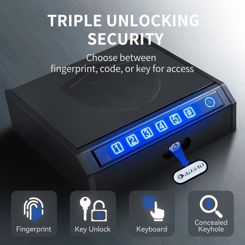 ADIMO Fingerprint Handgun Safe for Quick and Quiet Access, ADIMO Biometric Gun Lock Box with LED Light, Keypad Entry, Dual Key Backup, Ideal for Nightstand, Closet, or Desk Storage