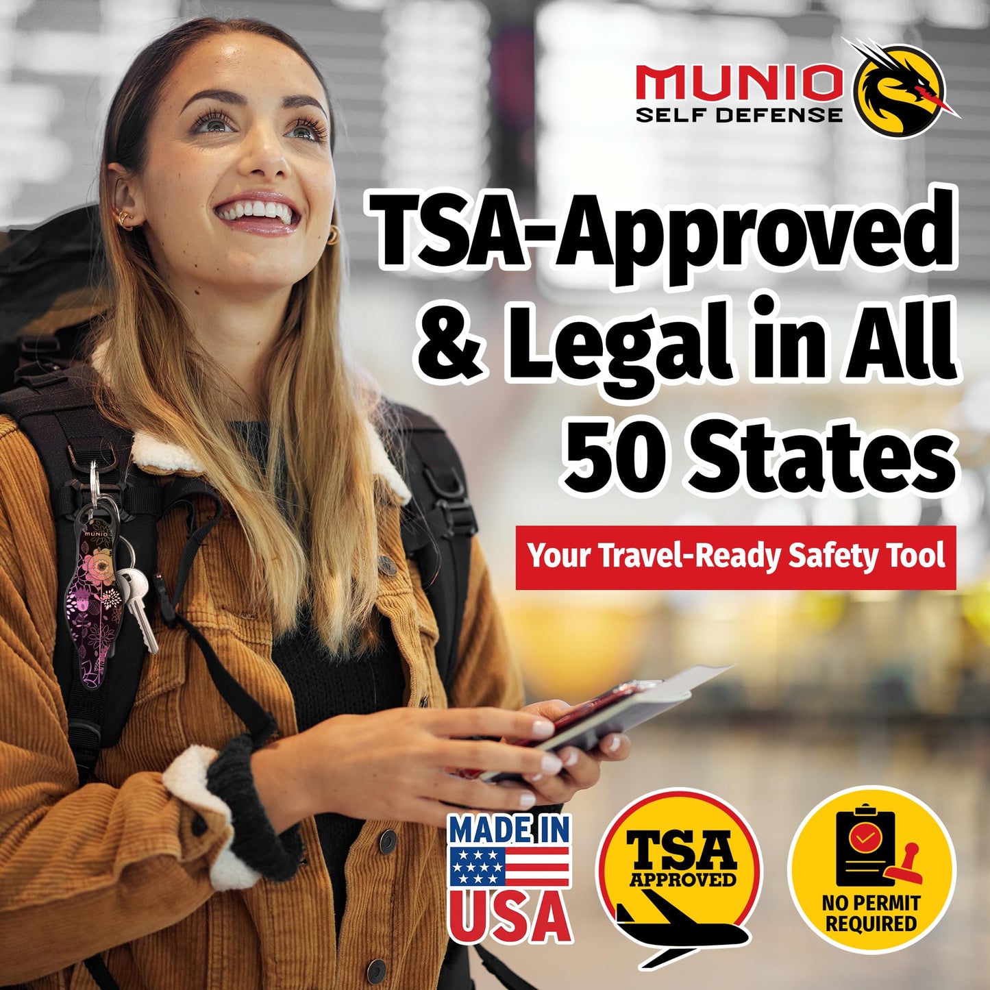 MUNIO Self Defense Keychain – Lightweight, Stylish & Portable Safety Tool for Women & Men – Non-Lethal Kubotan, Easy to Use, TSA Approved – Made in USA – Modern Flowers Design
