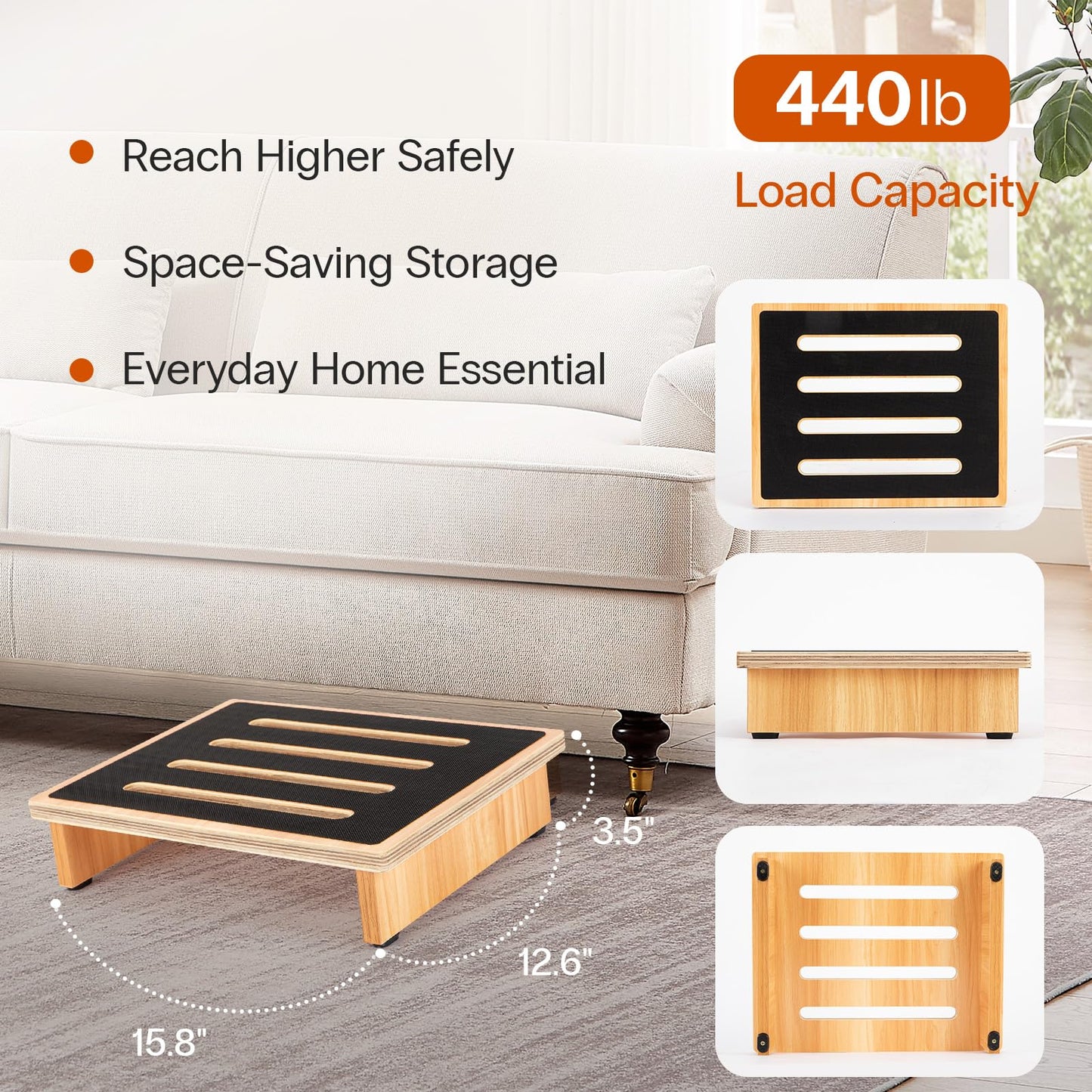 StrongTek 3.5" One Step Stool for Adults & Seniors, Sturdy Wooden Riser with Non-Slip Rubber Top, 440 lb Capacity, No Assembly Required, Portable for Kitchen, Bathroom, Bedside