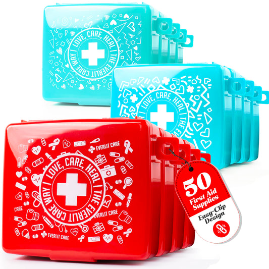 EVERLIT Pocket-Aid Mini First Aid Kit | Compact, Portable Hard-Shell Cases of 50 Items | Cuts, Scrapes, Wound Care Essentials for Travel, Outdoor, School, Camping, Home, Office (12 Packs | 600 Pcs)