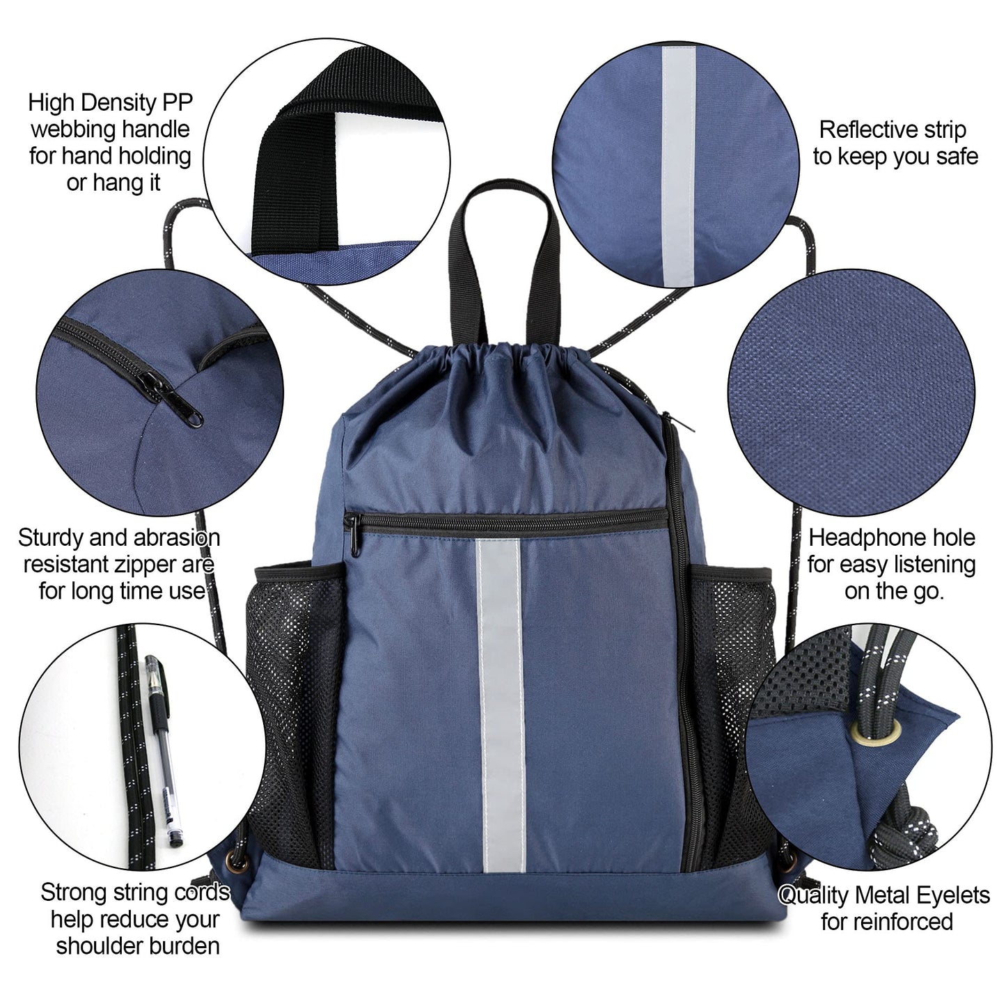 BeeGreen Gym-Drawstring-Backpack-Bag With Shoe Compartment and Two Water Bottle Holder Large String Backpack Sports Bag Athletic Sackpack For Men Women