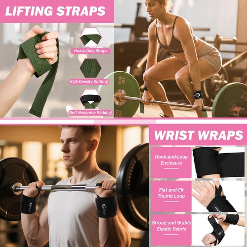 TRACE KASA Barbell Pad Set: Hip Thrusts Pad for Squats Ankle Straps for Cable Machines Women Men Hip Resistance Band Weight Lifting Straps Wrist Wraps Gym Equipment Accessories, Pink