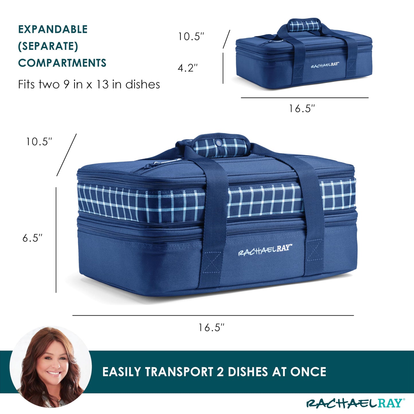 Rachael Ray Expandable Insulated Casserole Carrier for Hot or Cold Food, Thermal Lasagna Lugger Tote for Potluck, Parties, Picnic, and Cookouts, Fits 9" x 13" Baking Dish, Blue Gingham