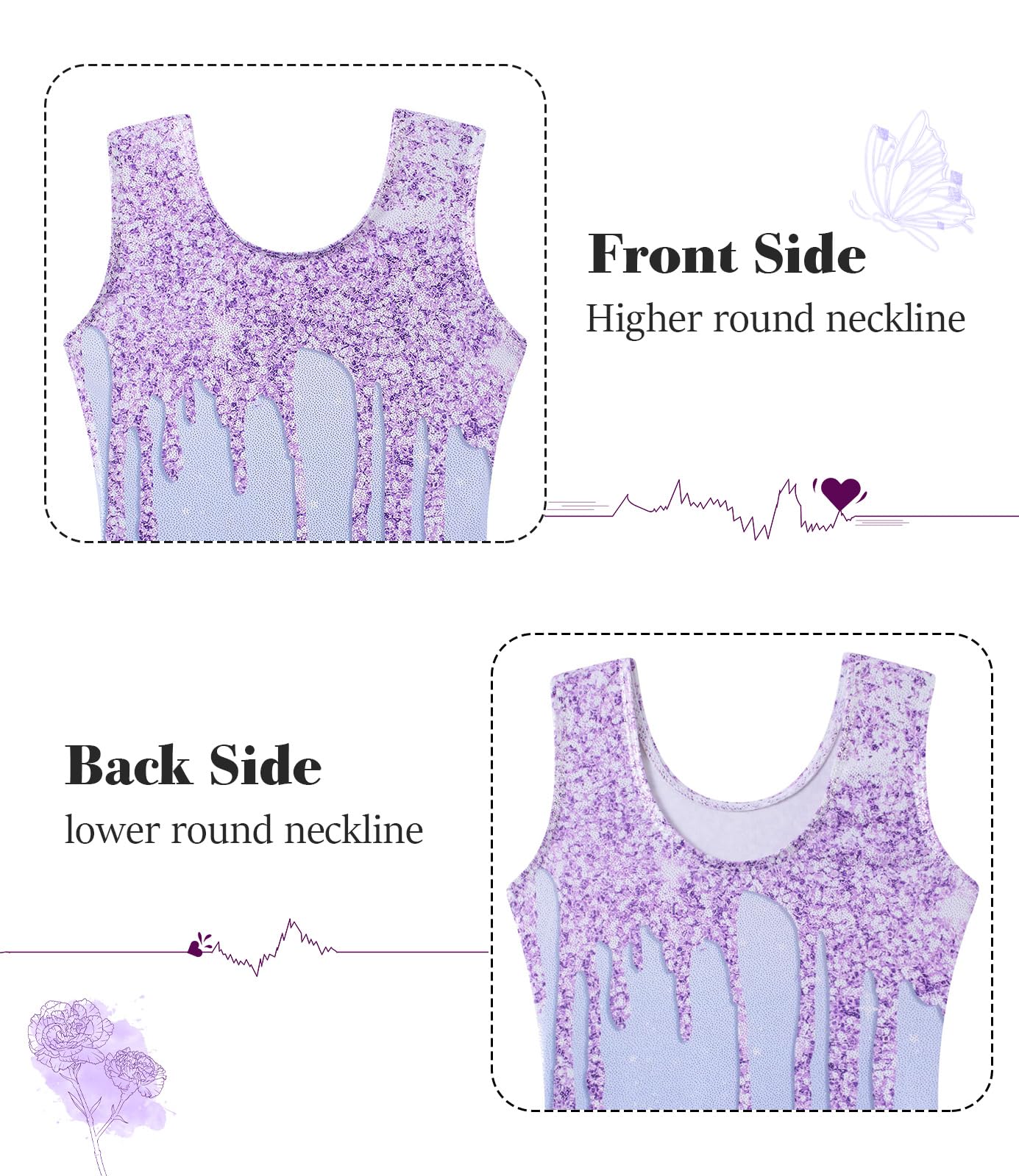 Vogseek Sparkly Gymnastics Leotards for Girls 11 12 Years Cute Light Purple Shiny Ballet Dance Unitards Biketards with Hair Scrunchie Kids Tumbling Shorts Activewear Clothes, Purple Fluid