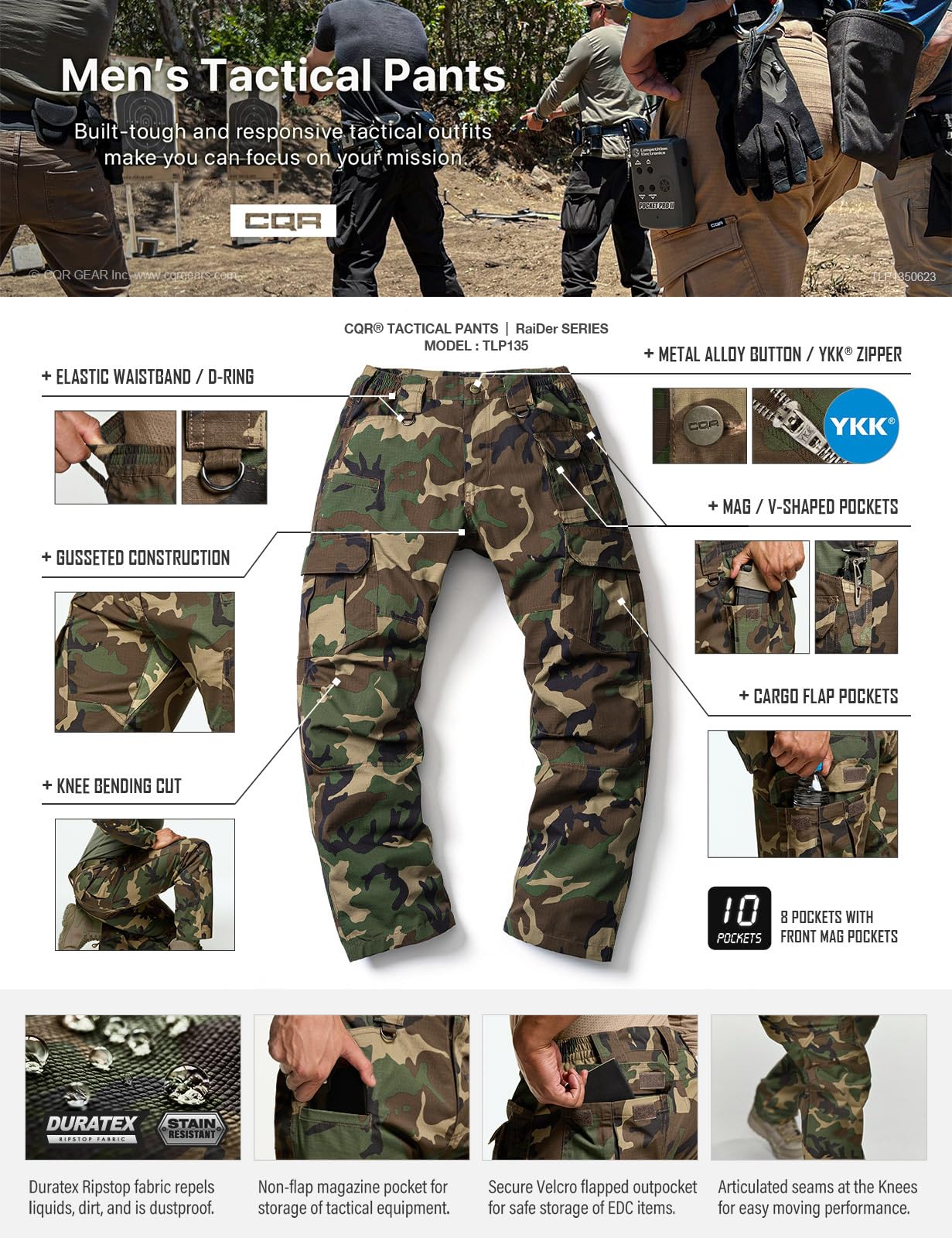 CQR Men's Tactical Pants, Water Resistant Ripstop Cargo Pants, Lightweight EDC Work Hiking Pants, Outdoor Apparel, Duratex Mag Pocket Print Woodland Camo, 32W x 32L