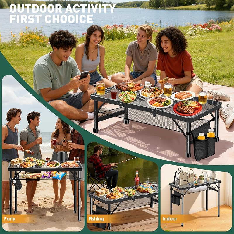 3ft Aluminum Folding Camping Table with 3 Heights, Stain-Resistant, 66 lb Capacity