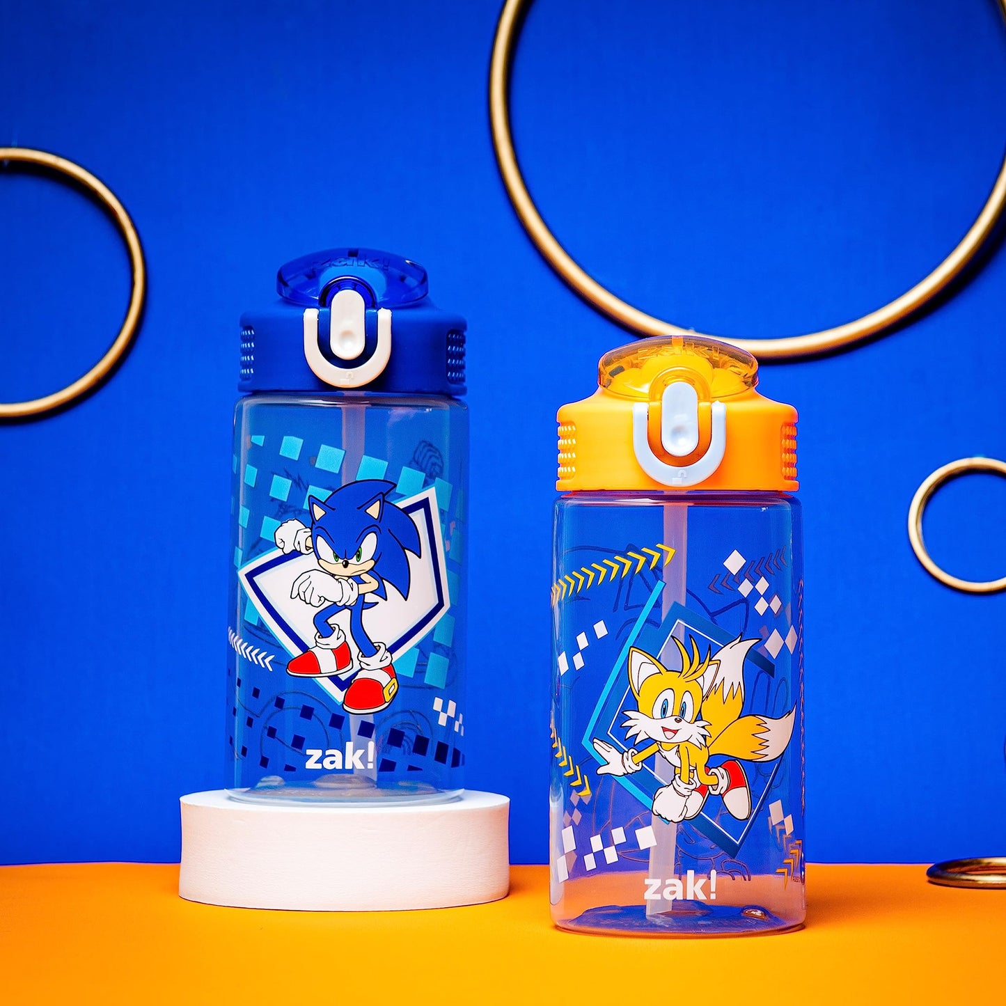 Zak Designs Sonic Kids' 2-Pack Leak-Proof Water Bottles With Straw, Handle and Pop-Up Spout Cover