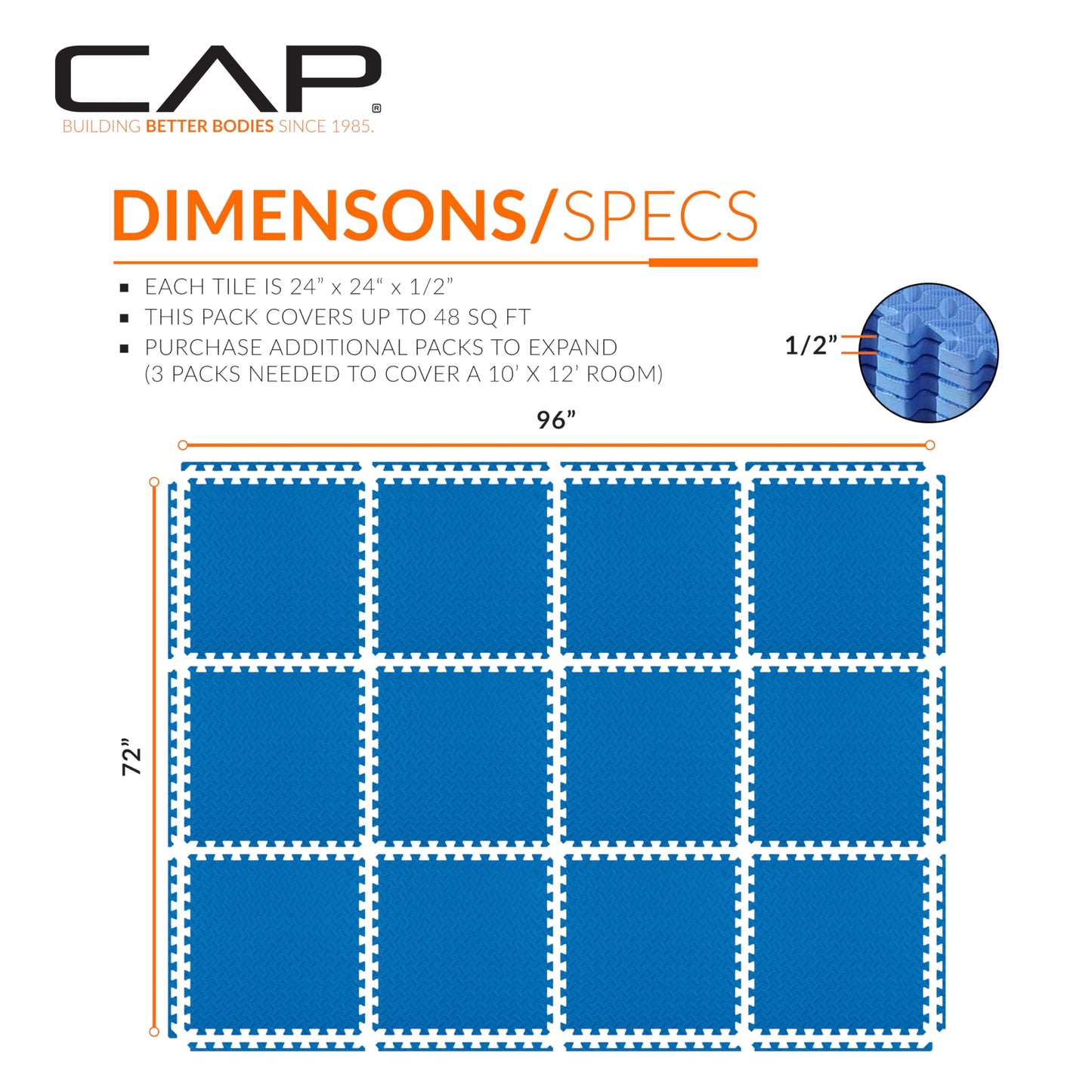 CAP Barbell 1/2-Inch Interlocking EVA Foam Exercise Puzzle Mat Home Gym Flooring - 2 Pack | 24" x 24" x 1/2" | Diamond Pattern - Blue