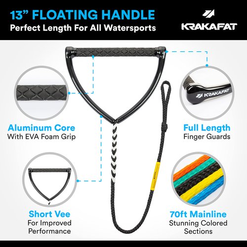 KRAKAFAT 75ft Water Ski Rope, Wakeboard Rope - 7 Sections with 13" EVA Diamond Grip Floating Handle - 1-2 Rider Tube Tow Rope for Tubing - Boat Tow Rope for Kneeboard