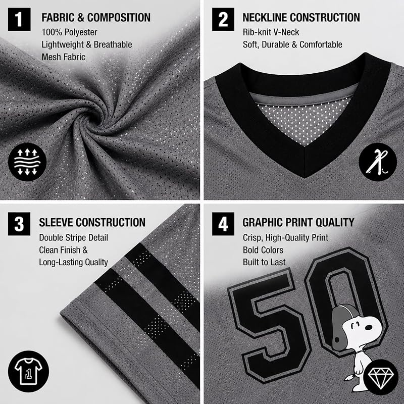 Womens Football Jersey - Short Sleeve Mesh V-Neck Active Sports Jersey, Grey Snoopy Variation
